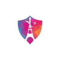 logo de voyage français. tour eiffel de paris avec avion pour la création de logo de voyage vecteur