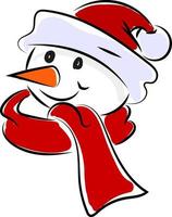 Bonhomme de neige heureux avec foulard rouge, illustration, vecteur sur fond blanc.