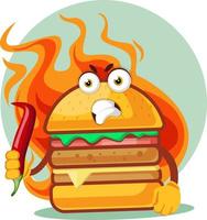 Hot Burger en colère tient un piment, illustration, vecteur sur fond blanc.
