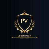 pv lettre initiale avec modèle royal.élégant avec vecteur de logo couronne, illustration vectorielle de lettrage créatif logo.