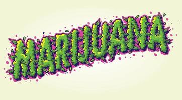 lettrage des mots marijuana avec illustration de l'effet de fumée de mauvaises herbes vecteur