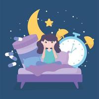 insomnie. fille sur lit avec médecine et horloge vecteur