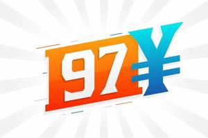 Symbole de texte vectoriel de la monnaie chinoise de 97 yuans. 97 yens monnaie japonaise vecteur de stock d'argent