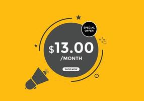 Bannière de promotion de vente de mois de 13 dollars us. offre spéciale, étiquette de prix de 13 dollars par mois, bouton acheter maintenant. concept de marketing de promotion commerciale ou commerciale vecteur