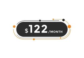 étiquette de prix de 122 dollars. prix 122 dollars us seulement conception de promotion de vente d'autocollant. bouton acheter maintenant pour les affaires ou la promotion des achats vecteur