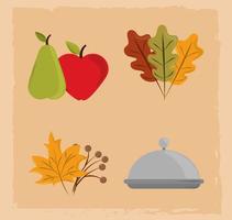 joyeux jour de Thanksgiving. icônes de plaque, de fruits et de feuillage vecteur