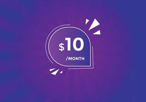 Bannière de promotion de vente de 10 dollars par mois. offre spéciale, étiquette de prix de 10 dollars par mois, bouton acheter maintenant. concept de marketing de promotion commerciale ou commerciale vecteur