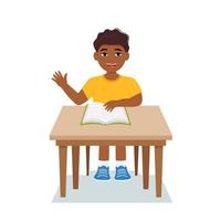 les garçons écrivent, les enfants font leurs devoirs, les maths à la maison. dessin animé mignon petit garçon en chemise rouge situé sur le bureau. le concept d'âge d'apprentissage. illustrations vectorielles isolées sur fond blanc. vecteur