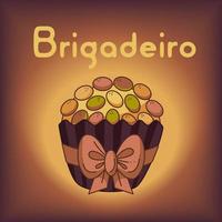 carte postale avec des bonbons brigadeiro. carte postale avec bonbons brésiliens, texte et archet. illustration de vecteur de dessin animé.