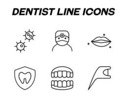 enseignes monochromes de style plat pour magasins, boutiques, sites web. trait modifiable. icône de ligne vectorielle sertie de symboles de virus, dentiste, sourire, dent dans le bouclier, dents, soie dentaire vecteur