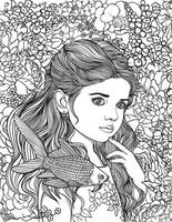 jolie petite fille européenne bw vecteur entouré de fleurs. avec des poissons rouges. illustration vectorielle noir et blanc pour les livres de coloriage et d'illustration.