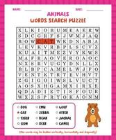 jeu de recherche de mots animaux feuille de travail de puzzle de recherche de mots pour apprendre l'anglais. vecteur