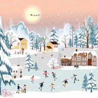 paysage de scène d'hiver la nuit de noël, bannière vectorielle joli pays des merveilles d'hiver dans la ville avec des enfants heureux faisant de la luge et jouant des patins à glace dans le parc, joyeux noël, nouvel an 2023 arrière-plan