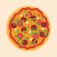 illustration de pizza avec diverses garnitures de boeuf, tomates, oignons, champignons et poivrons vecteur