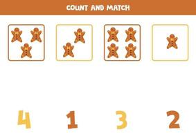 jeu de comptage pour les enfants. comptez tous les biscuits au pain d'épice et faites correspondre les chiffres. feuille de travail pour les enfants. vecteur