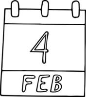 calendrier dessiné à la main dans un style doodle. 4 février. journée mondiale contre le cancer, soupe maison nationale, date. icône, élément autocollant pour la conception. planification, vacances d'affaires vecteur