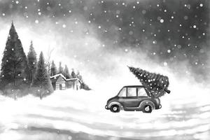 beau paysage d'hiver avec voiture dans l'arbre de noël enneigé fond gris vecteur