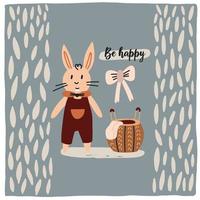 bébé boho pépinière affiche lapin jouet. illustration pastel scandinave de douche de bébé. lettrage être heureux. vecteur bohème plat sur fond neutre