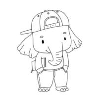 mignon petit éléphant avec livre. contour drôle animal enfant isolé sur fond blanc. cool personnage adolescent pour livre de coloriage vecteur