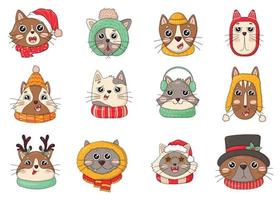lot de jolies têtes de chat de noël en chapeaux tricotés avec pompons et écharpes, chapeau haut de forme avec houx, lunettes étoiles, bois de cerf, vêtements d'hiver vecteur