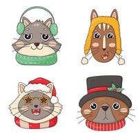 lot de jolies têtes de chats de noël en chapeaux tricotés avec pompons et écharpes, chapeau avec chapeau haut de forme et houx, lunettes étoiles vecteur