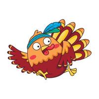 oiseau de dinde drôle de dessin animé dans un bandeau indien avec des plumes s'enfuit pour l'action de grâces vecteur