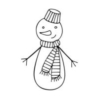 doodle de bonhomme de neige avec bonnet et écharpe isolé sur fond blanc. illustration vectorielle pour la conception de noël et du nouvel an. vecteur