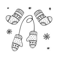 doodle de paire de mitaines et de chaussettes. illustration d'hiver dessinée à la main d'accessoires tricotés pour temps froid isolé sur fond blanc. vecteur