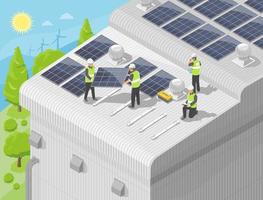 usine de cellules solaires service d'équipe d'installateurs sur le toit vue de dessus complète pour l'écologie des clients et le vecteur d'isolement isométrique d'entreprise écologique
