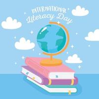 journée internationale de l’alphabétisation. carte du monde scolaire sur les livres vecteur