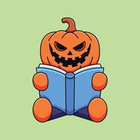 mignon citrouille halloween lecture livre dessin animé mascotte doodle art concept dessiné à la main vecteur kawaii icône illustration