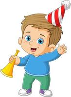 le garçon mignon tient et souffle la trompette d'or le jour de l'an vecteur