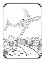 Coloriage avion et ville pour adulte vecteur