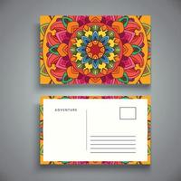 modèle de conception de carte postale avec mandala floral arabesque, éléments ornementaux floraux lumineux, modèle de fond vectoriel avec motif de mandala ornemental