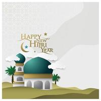 bonne année hijri muharram salutation conception de vecteur de fond islamique avec calligraphie arabe, croissant de lune pour papier peint, carte, brosur, bannière, couverture et décoration