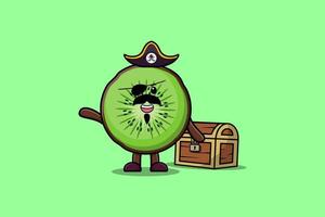 dessin animé mignon kiwi pirate avec boîte au trésor vecteur