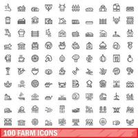 Ensemble de 100 icônes de ferme, style de contour vecteur
