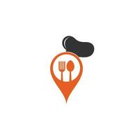 chapeau de chef avec création de logo de point. restaurant chef emplacement positionnement carte logo navigation gps icône. vecteur