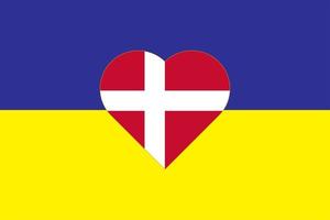 coeur peint aux couleurs du drapeau du danemark sur le drapeau de l'ukraine. illustration vectorielle d'un coeur avec le symbole national du danemark sur fond bleu-jaune. vecteur