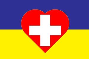 coeur peint aux couleurs du drapeau de la suisse sur le drapeau de l'ukraine. illustration vectorielle d'un coeur avec le symbole national de la suisse sur fond bleu-jaune. vecteur