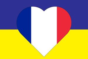 coeur peint aux couleurs du drapeau de la france sur le drapeau de l'ukraine. illustration vectorielle d'un coeur avec le symbole national de la france sur fond bleu-jaune. vecteur