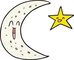 rétro grunge texture dessin animé heureux lune et étoile vecteur
