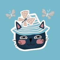 adorable autocollant d'été, chat au panama avec des papillons. illustration de dessin pour enfants dans un style scandinave. vecteur