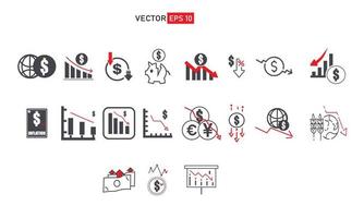 ensemble d'icônes de crise économique et d'inflation ensemble vectoriel d'icônes baisse des bénéfices, régression financière, stagnation. pictogrammes de ligne mono et élément de conception infographique