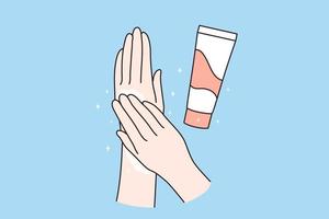 soins de la peau, concept de crème pour les mains. mains humaines appliquant une crème hydratante pour les mains pour le soin de la peau sur illustration vectorielle fond bleu vecteur