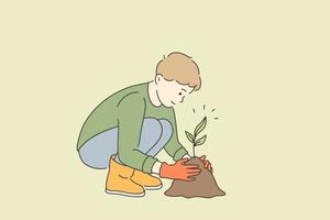 concept de soins écologiques et de plantes en croissance. personnage de dessin animé de petit garçon dans des gants assis de plus en plus en prenant soin de graines de plantes vertes travaillant avec l'illustration vectorielle au sol vecteur