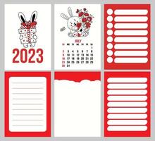 modèle de calendrier de collection pour juillet 2023 avec un joli lapin de fleurs et des pages de planificateur, des notes, une liste de tâches. illustration vectorielle. semaine à partir du dimanche. En anglais. 2023 année du lapin au calendrier chinois vecteur