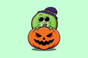 dessin animé mignon kiwi cachant citrouille halloween vecteur