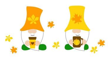 deux gnomes au chapeau jaune et orange boivent du thé et du café. affiche de typographie décorative. vecteur