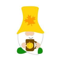 mignon gnome d'automne dans un chapeau jaune avec une tasse de thé. affiche de typographie décorative d'automne. conception drôle. illustration vectorielle sur fond blanc vecteur